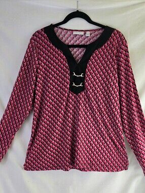 Susan Graver Liquid Knit Geometric Horse Bit Top Pink Black Large L/XL V-Neck